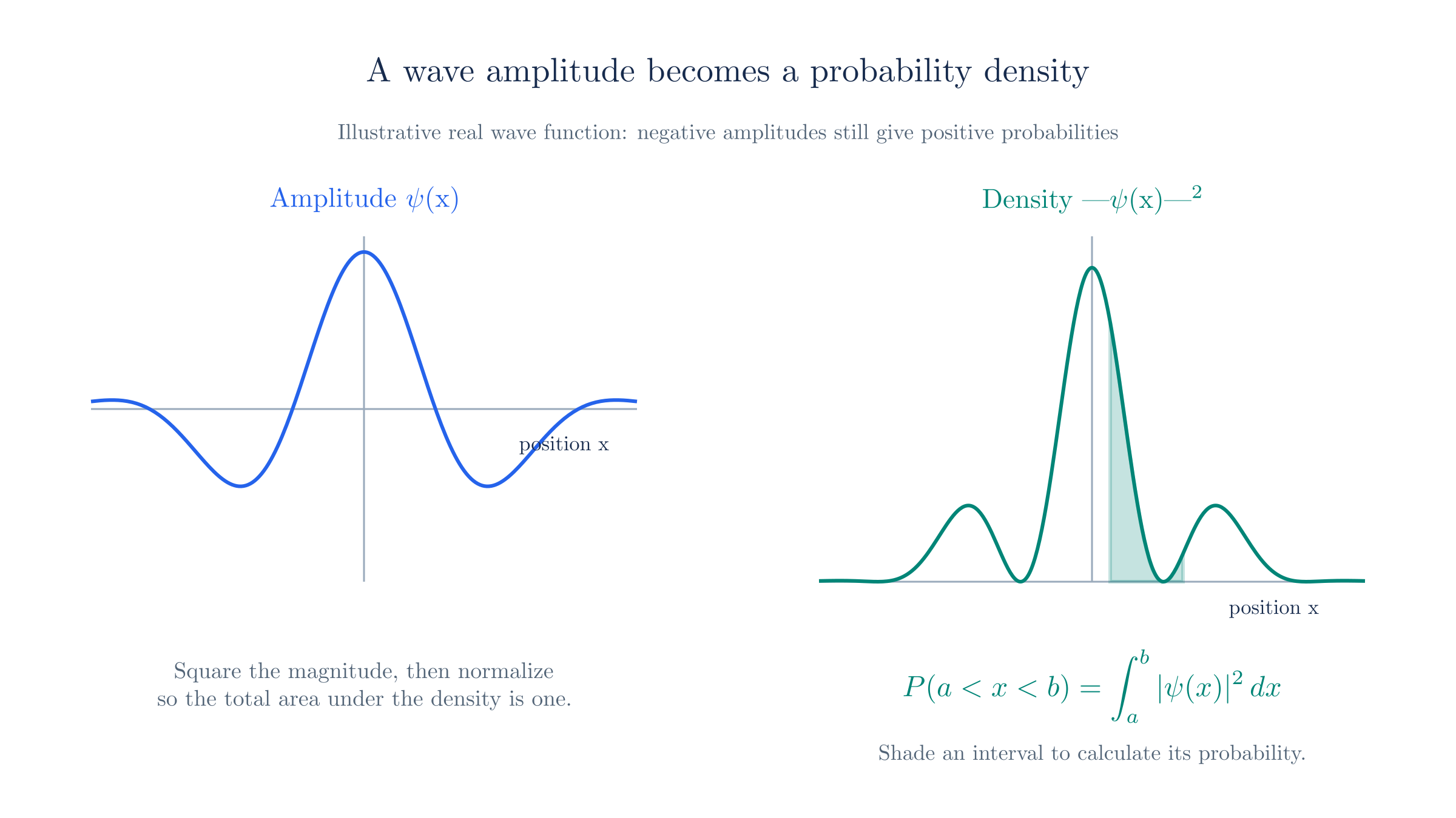 The squared magnitude of the wave function gives a nonnegative density. Integrating a normalized density over an interval gives a probability.