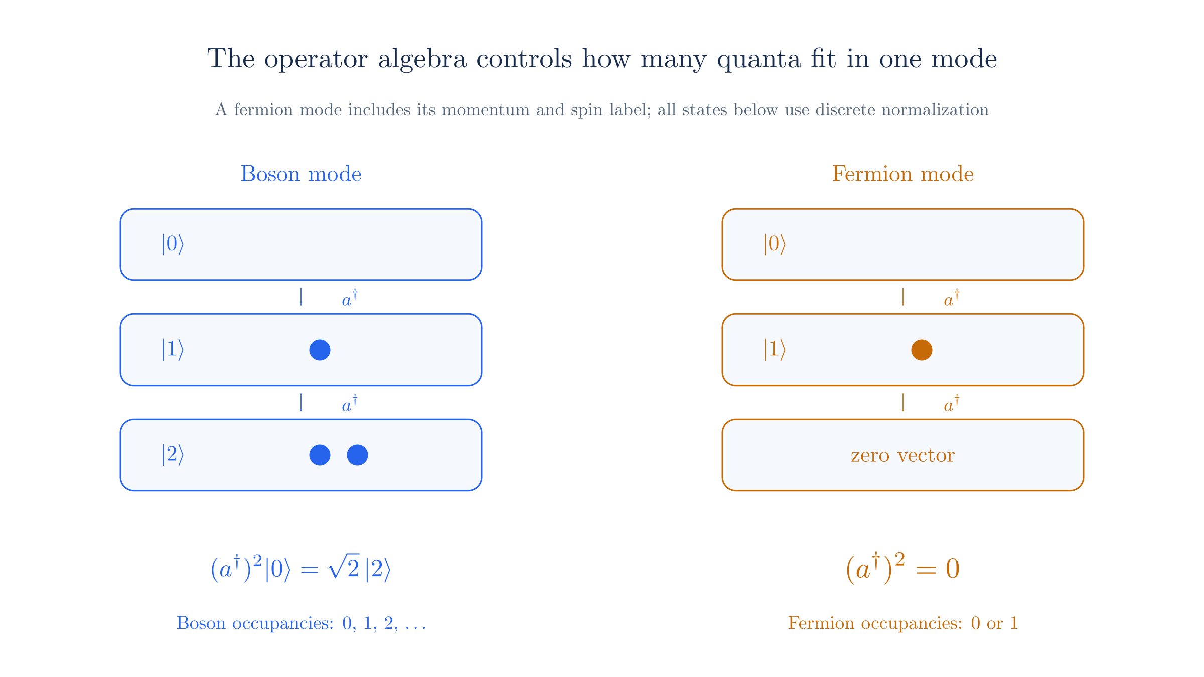 Commuting creation operators allow repeated boson occupation. Anticommuting fermion creation operators square to zero, giving at most one quantum per momentum-and-spin mode.