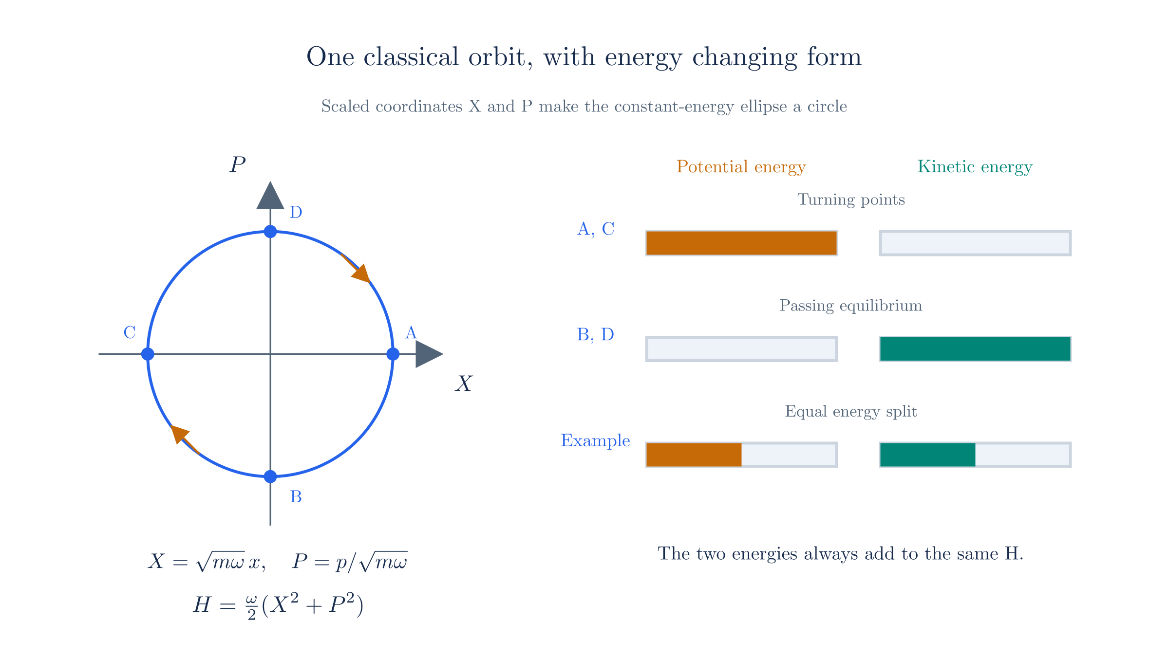 A classical orbit has constant total energy. Potential energy is greatest at the turning points; kinetic energy is greatest at equilibrium.