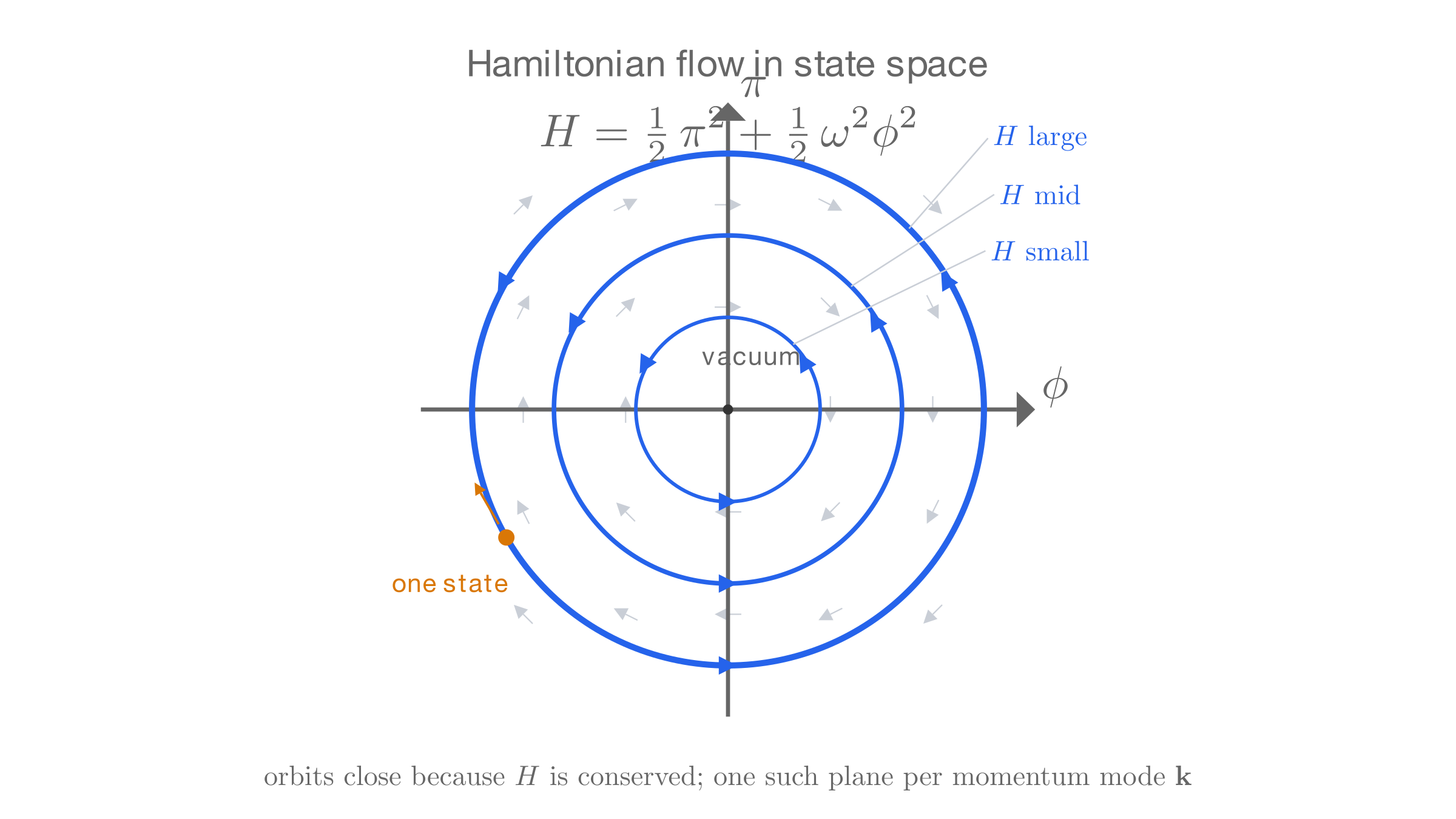 Hamiltonian flow in the plane of one oscillator mode: circles are the states of constant energy, the gray arrows are the directions assigns, and the orbits close because is conserved