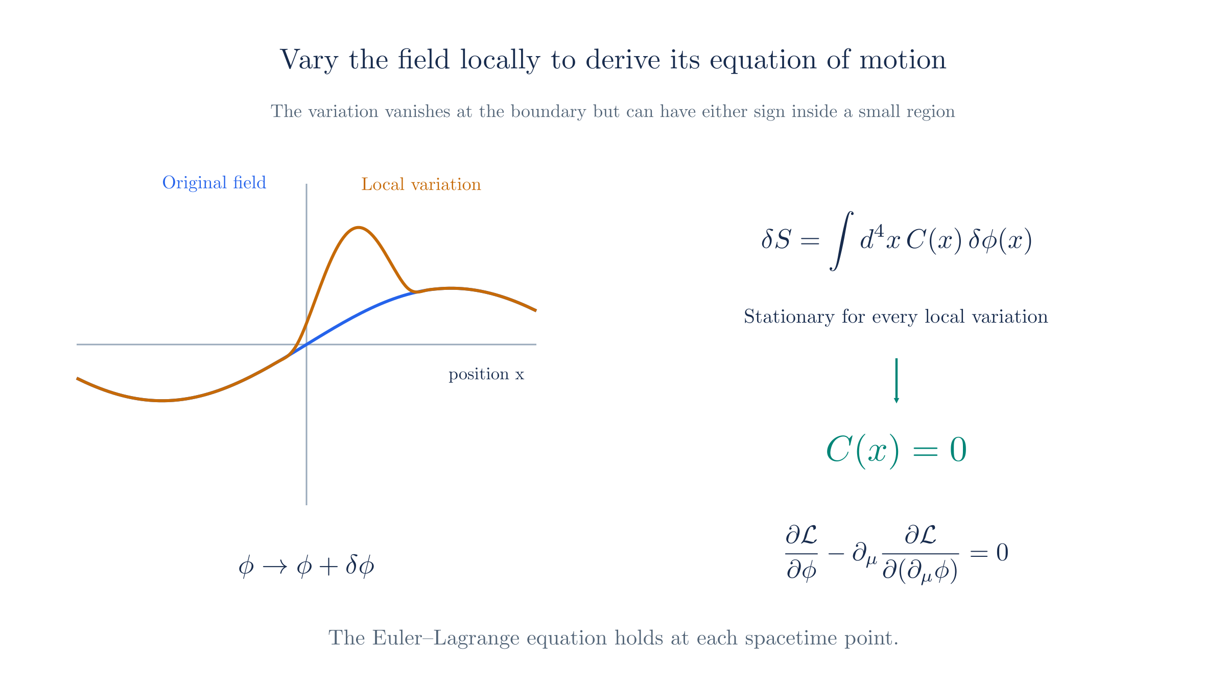 Vary the field inside a small region while keeping boundary data fixed. Stationarity for every such variation gives the local Euler–Lagrange equation.