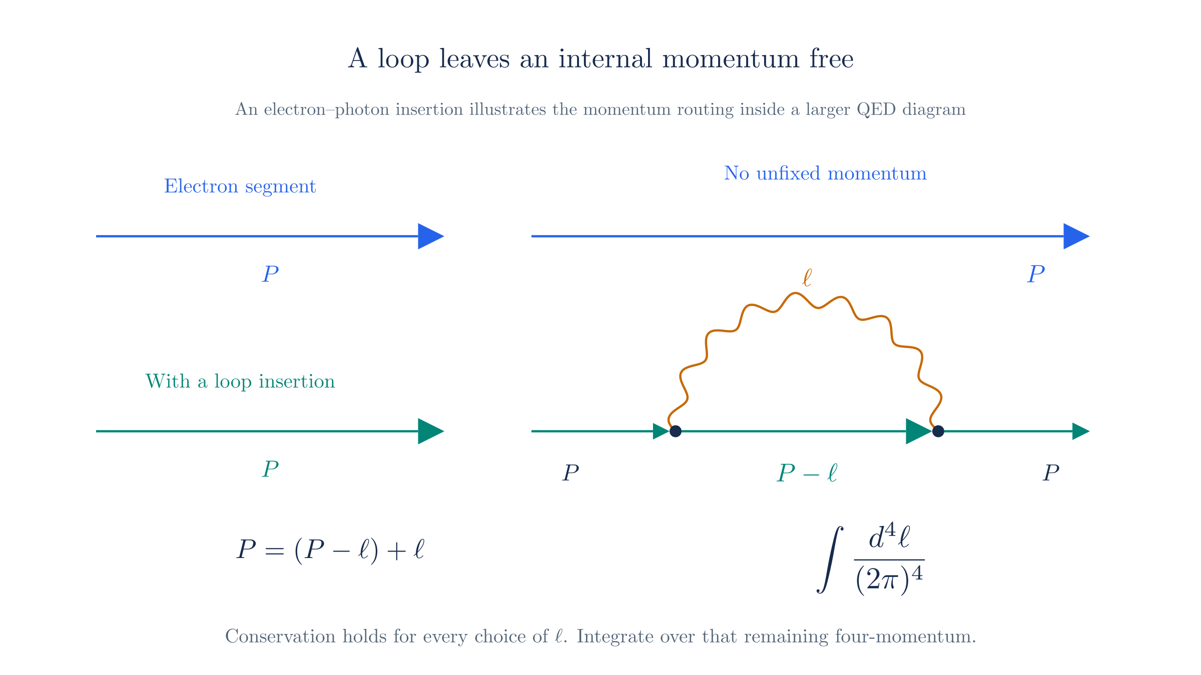 An electron–photon loop can carry photon momentum ℓ and electron momentum P − ℓ. Conservation fixes their sum but leaves ℓ to be integrated.