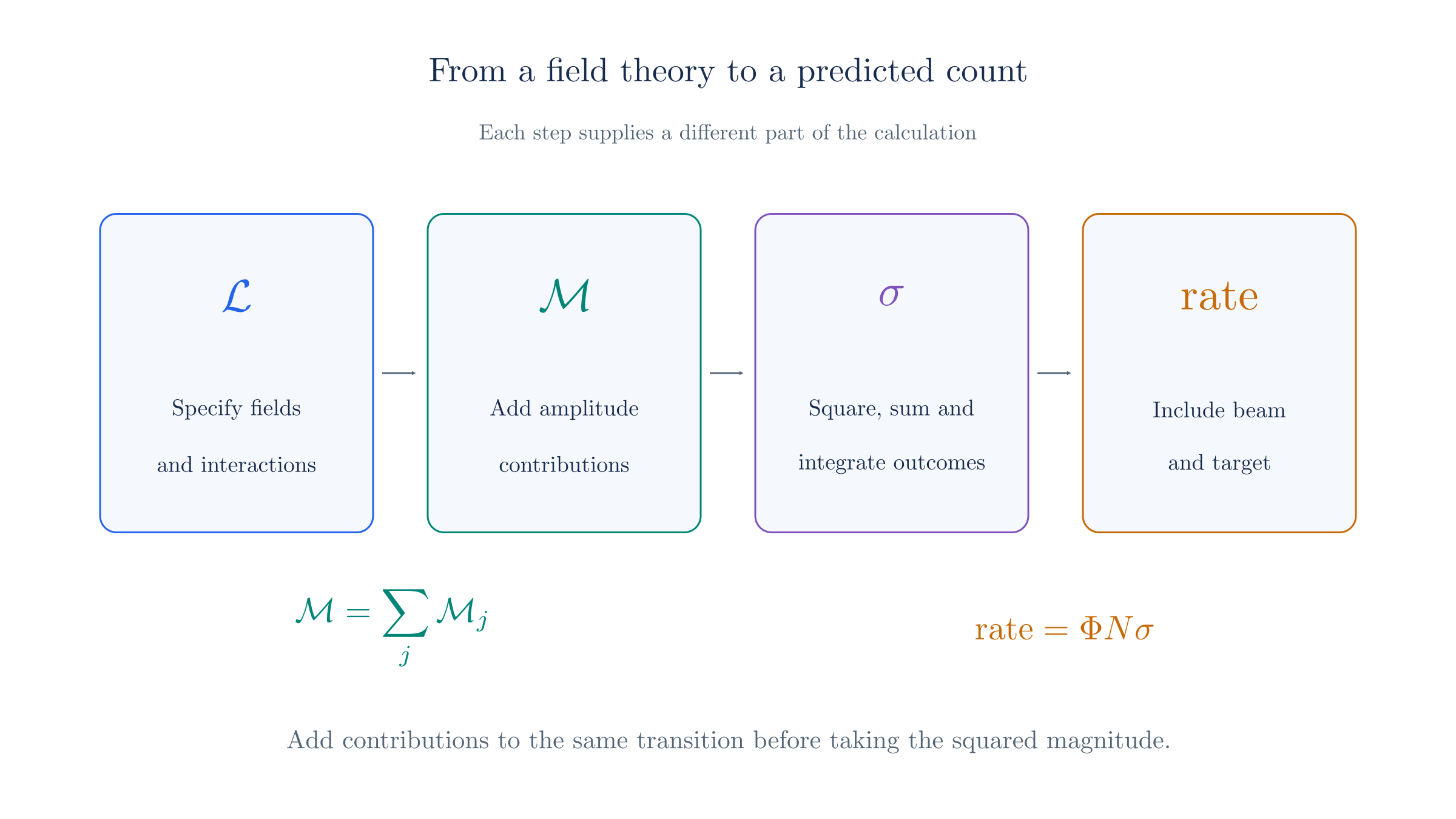The Lagrangian determines amplitudes; squared amplitudes and phase space determine cross sections; beam and target properties determine event rates.