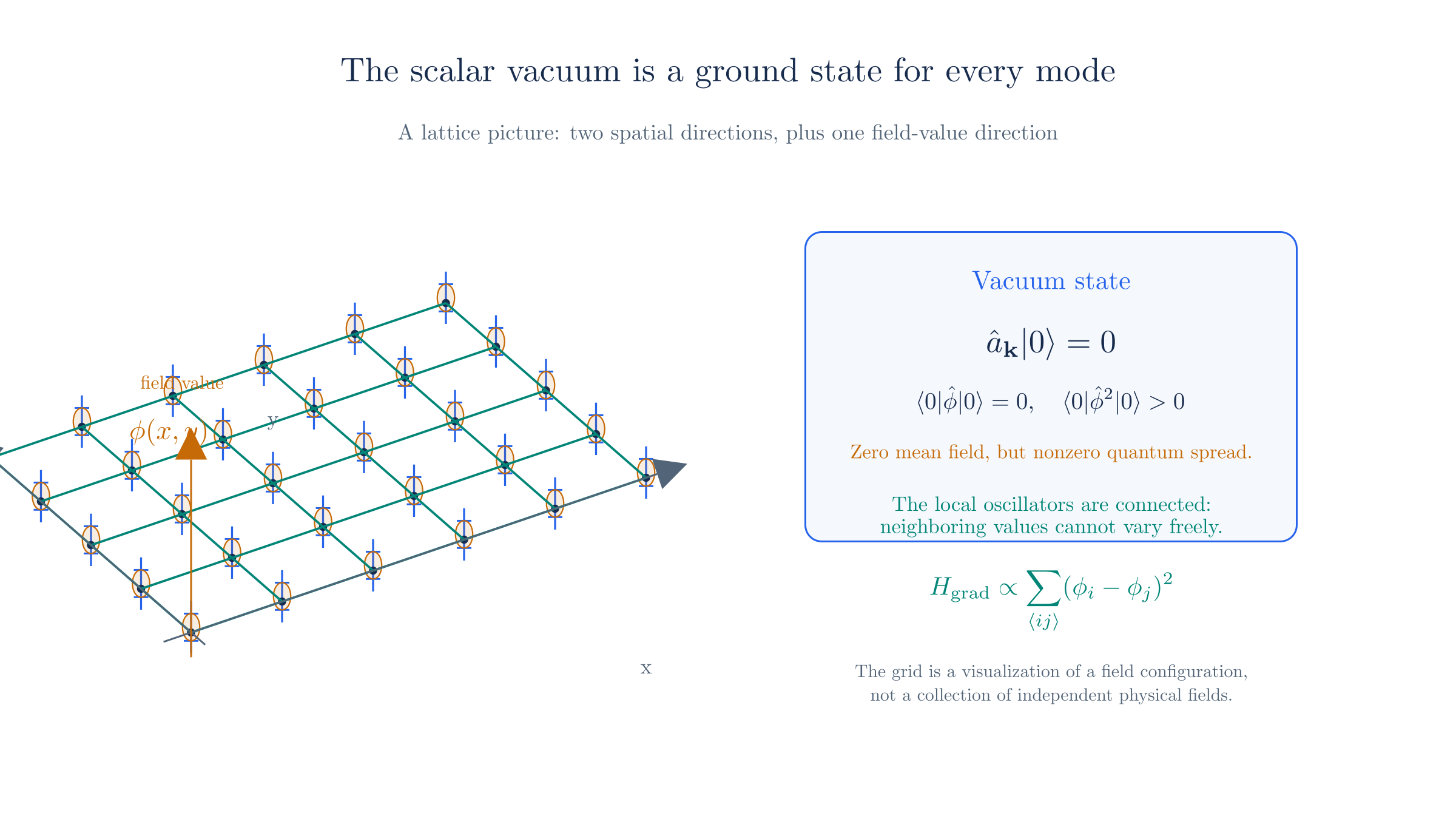A lattice visualization of a scalar-field configuration, with a tiny local oscillator at each spatial point and couplings between neighbors.