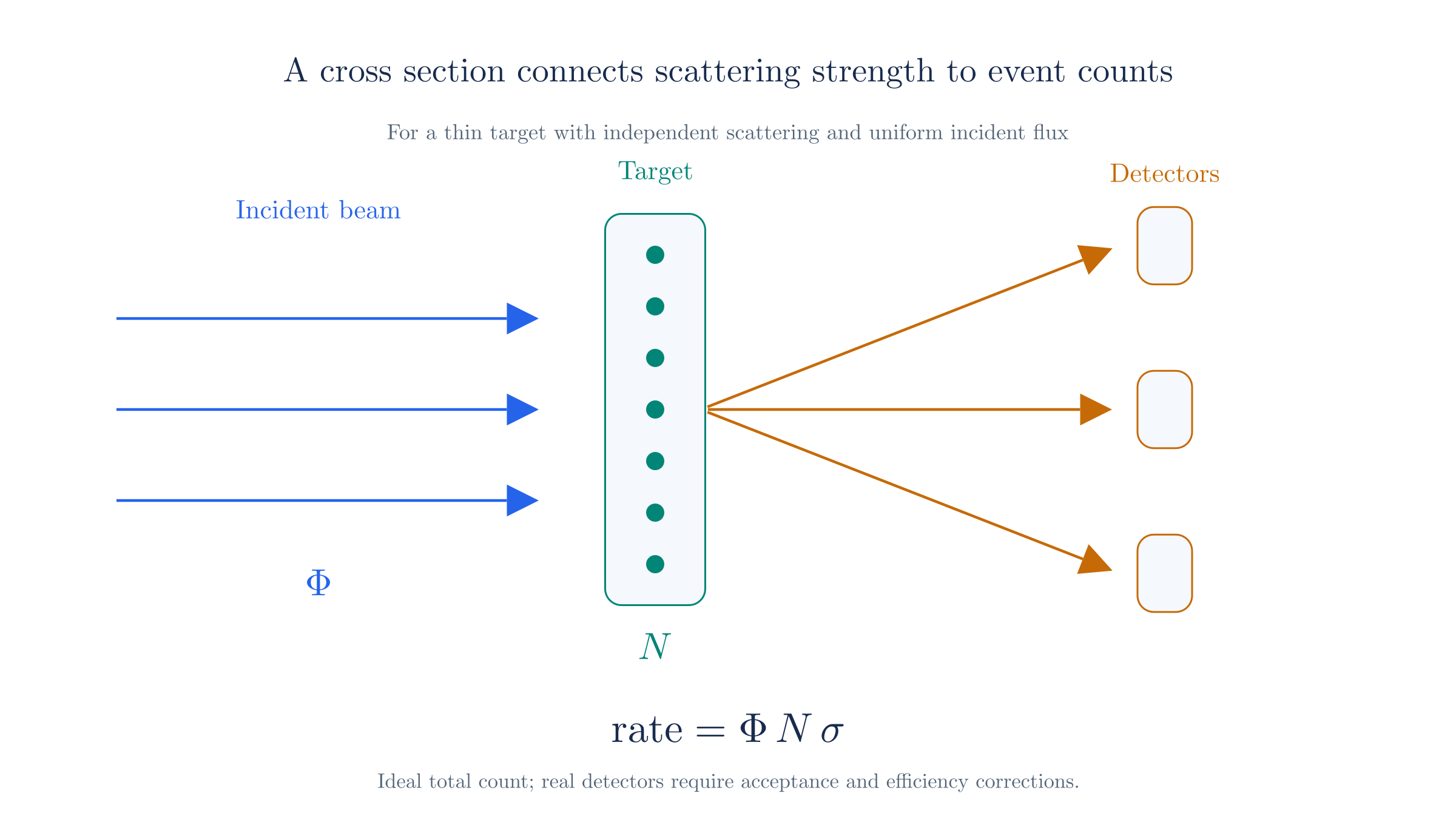 For a thin target, the scattering rate scales with incident flux, target count, and cross section.